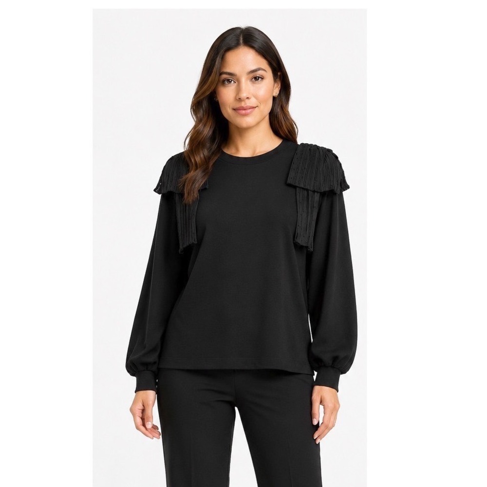 Zara Black Ruffle Shoulder Swiss Dot Balloon Sleeve Sweatshirt L Fall 112-02